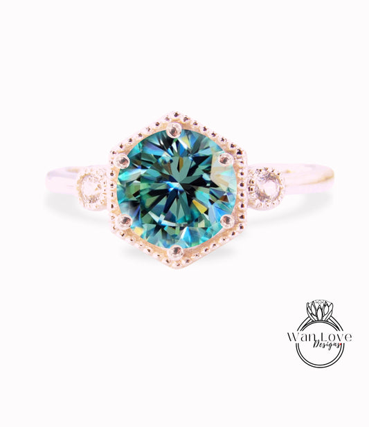 Anello con castone esagonale Milgrain Anello di fidanzamento con diamante Moissanite blu Anello Art Déco Taglio rotondo 6 punte Anello di nozze Anello di promessa nuziale anniversario