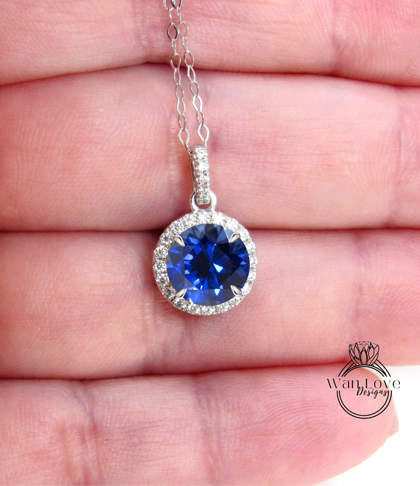 Collana Halo in zaffiro blu, Collana Halo con diamanti rotondi, Collana Moissanite rotonda da 1,5 ct, Collana Scelta della pietra portafortuna, Regalo di nozze per lei