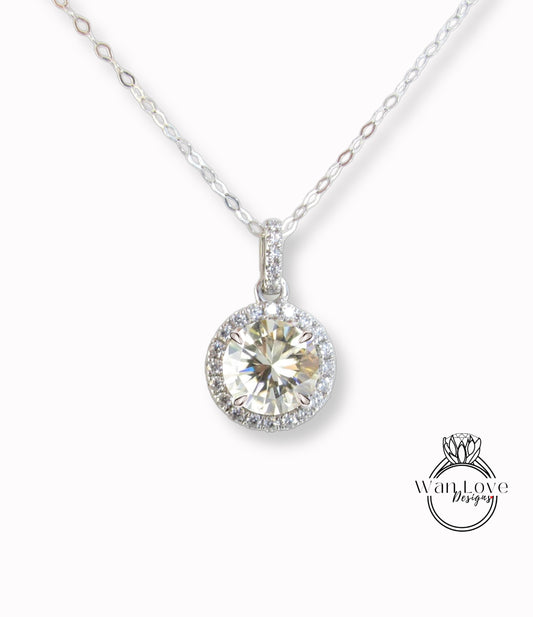 Champagne Moissanite & Diamond Round Halo Charm 14k White Gold Pendent, Yellow Moissanite Necklace, Round Shaped Diamond Halo Pendant, Wedding Bridal Jewelry, Anniversary Gift