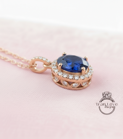 Blue Sapphire & Diamond Halo Necklace, Round Diamond Halo Necklace, Round Halo Moissanite Necklace, Birthstone Necklace, Bridal Wedding jewelry, Anniversary Gift for her