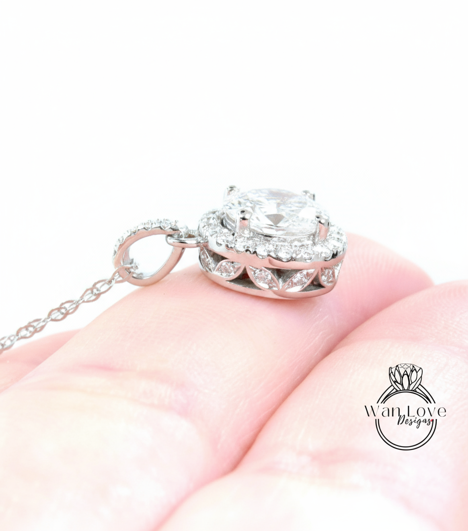 Champagne Moissanite Halo Necklace, Round cut Halo Necklace, White Gold Moissanite Halo Charm, Birthday Gift, Gift For Her, Ready-To-Ship