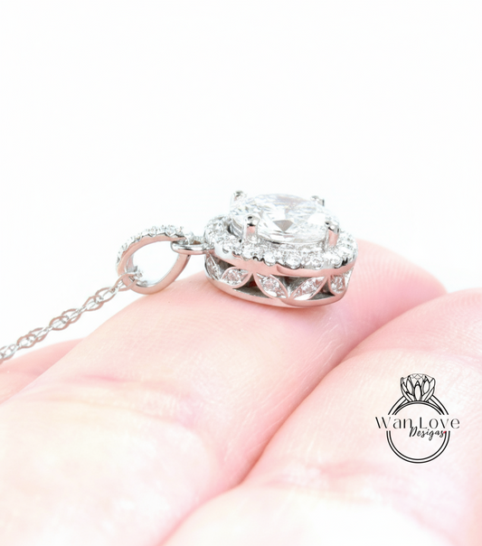 Champagne Moissanite Halo Necklace, Round cut Halo Necklace, White Gold Moissanite Halo Charm, Birthday Gift, Gift For Her, Ready-To-Ship