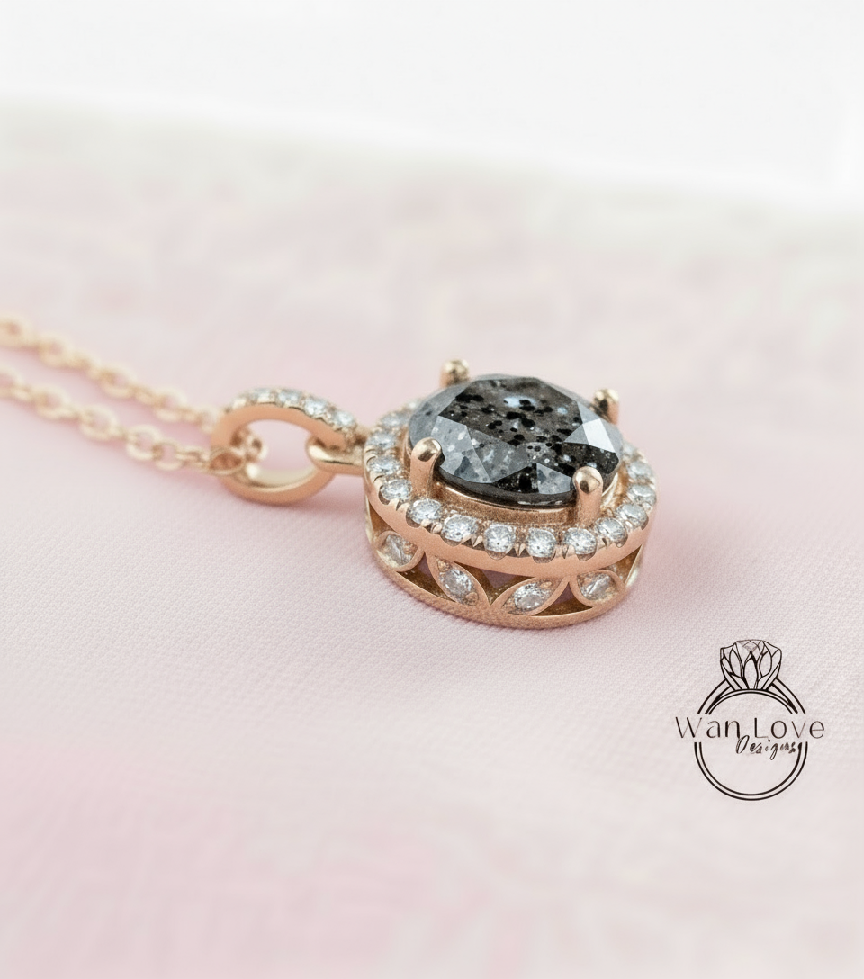 Round Salt & Pepper Diamond Necklace, 18K White Gold Diamond Halo Necklace, Halo Diamond Necklace, Round Diamond Pendant Fine Quality