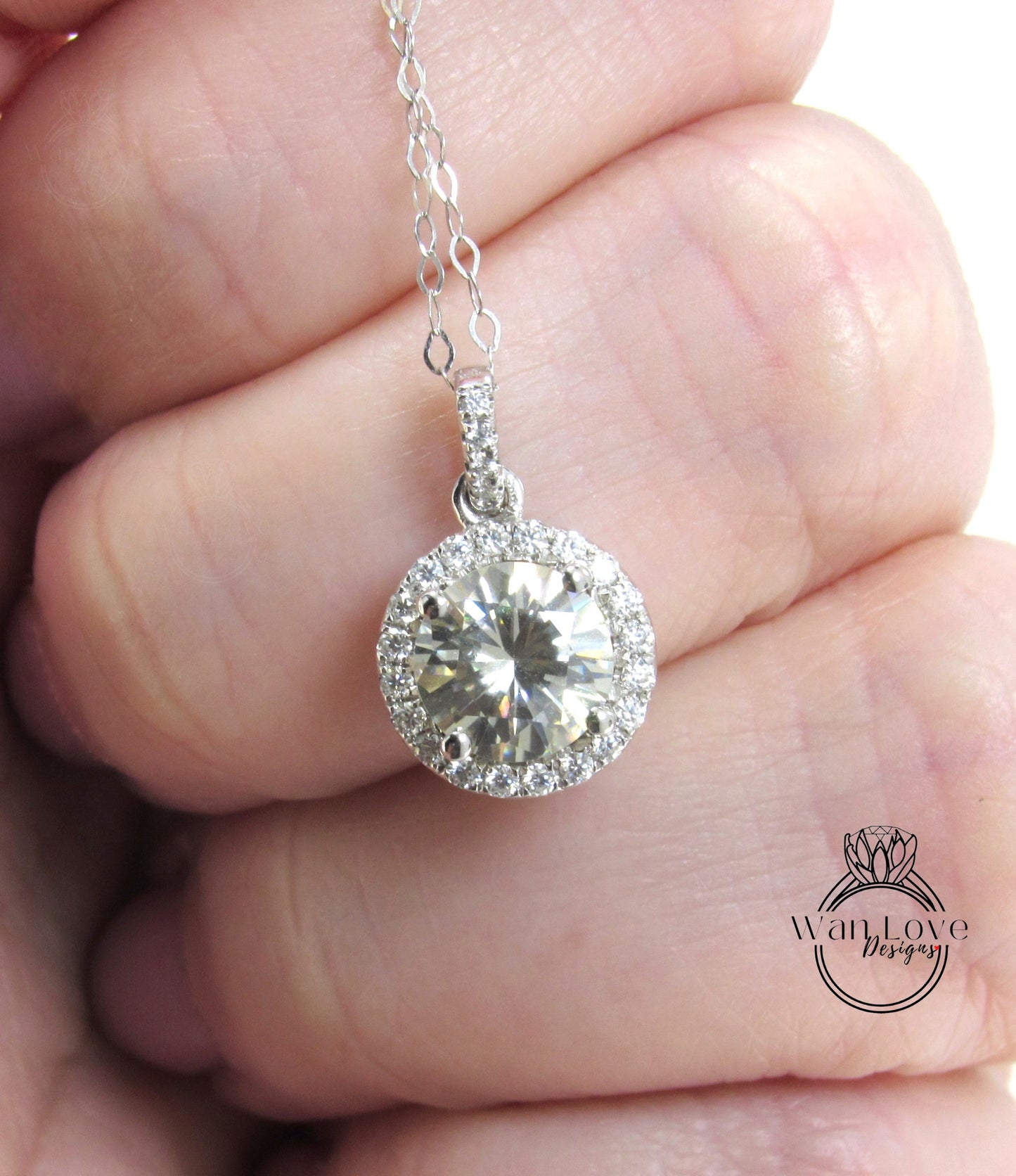 Champagne Moissanite Halo Necklace, Round cut Halo Necklace, White Gold Moissanite Halo Charm, Birthday Gift, Gift For Her, Ready-To-Ship