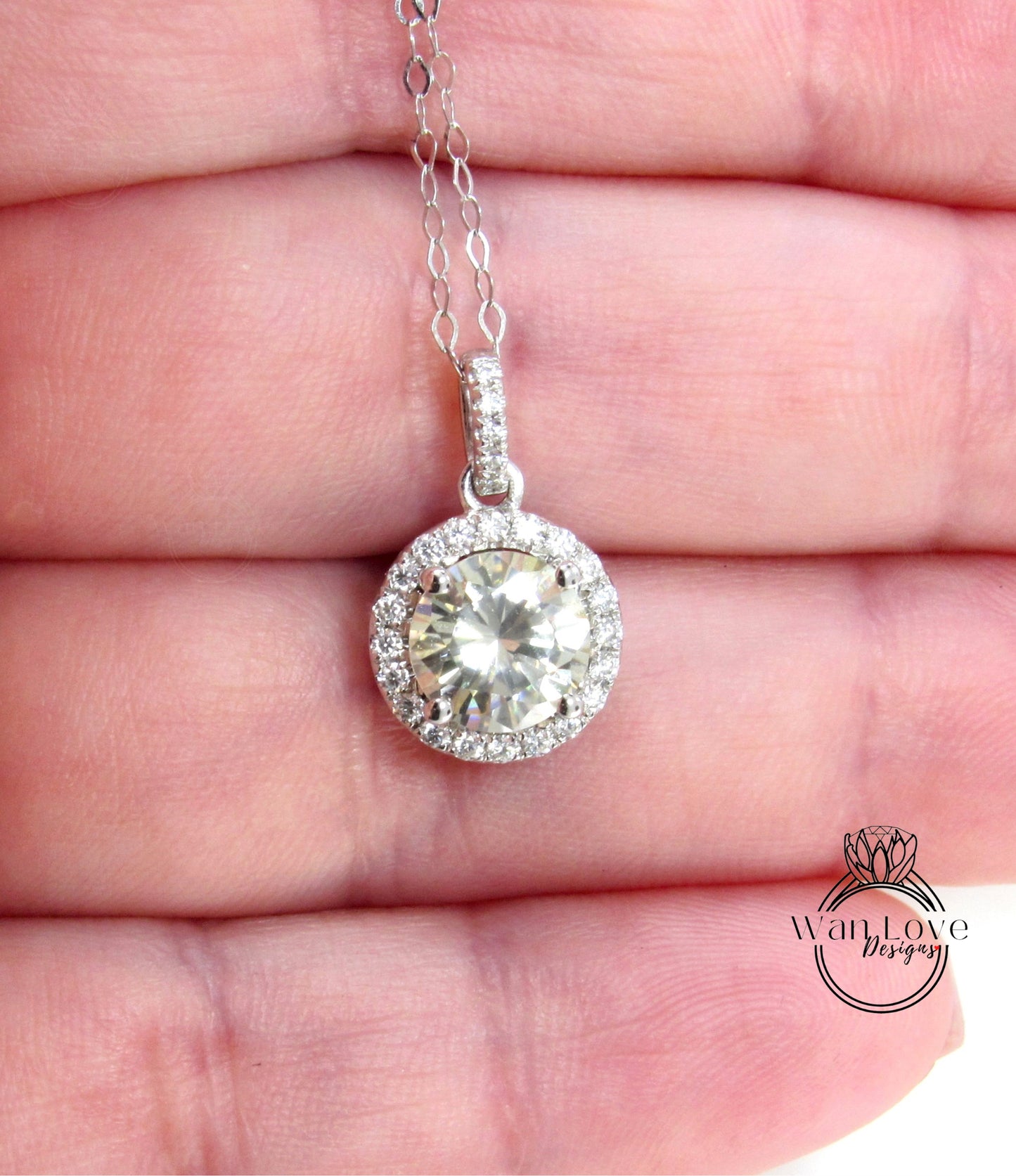 Champagne Moissanite Halo Necklace, Round cut Halo Necklace, White Gold Moissanite Halo Charm, Birthday Gift, Gift For Her, Ready-To-Ship