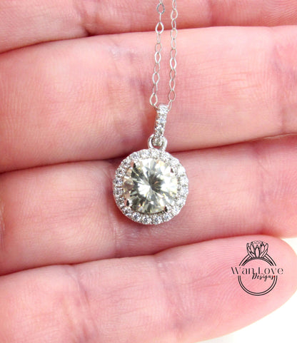 Champagne Moissanite Halo Necklace, Round cut Halo Necklace, White Gold Moissanite Halo Charm, Birthday Gift, Gift For Her, Ready-To-Ship