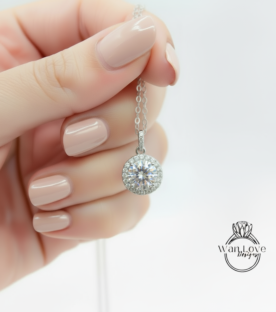 White Sapphire & Diamond Round Cut Halo Pendant | Round Moissanite Halo Pendant | 14KT Rose Gold Pendant | Bridal Set | Bridal Wedding jewelry | Anniversary Gift Collection