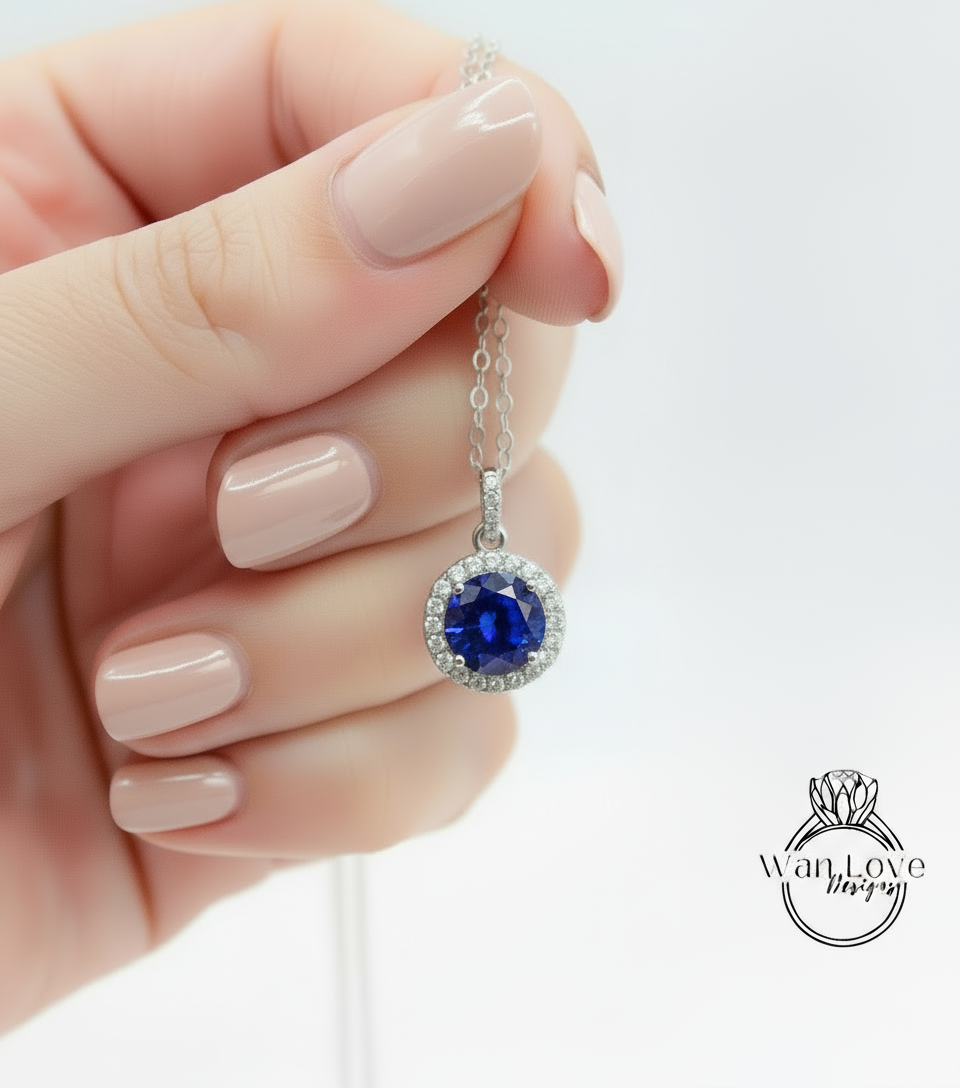 Blue Sapphire & Diamond Halo Necklace, Round Diamond Halo Necklace, Round Halo Moissanite Necklace, Birthstone Necklace, Bridal Wedding jewelry, Anniversary Gift for her