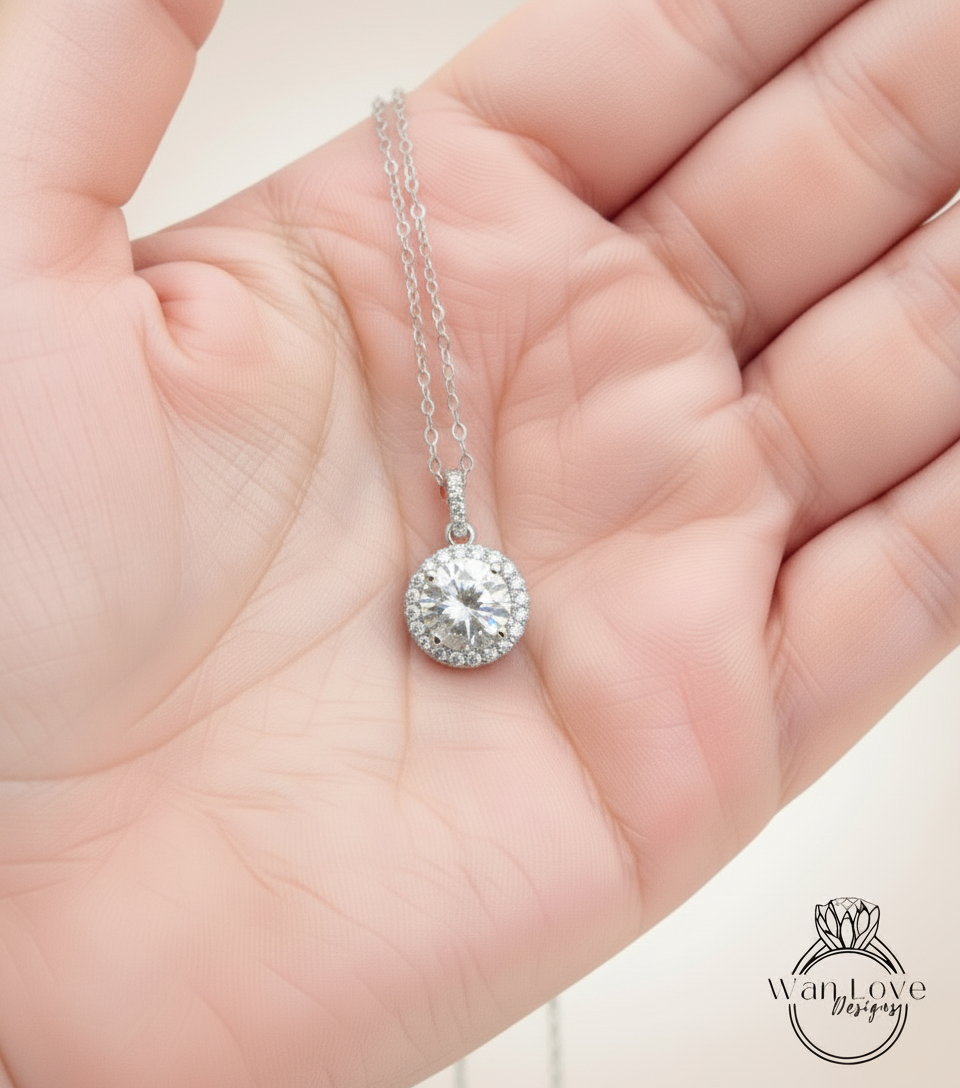 Champagne Moissanite Halo Necklace, Round cut Halo Necklace, White Gold Moissanite Halo Charm, Birthday Gift, Gift For Her, Ready-To-Ship