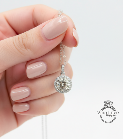 Champagne Moissanite Halo Necklace, Round cut Halo Necklace, White Gold Moissanite Halo Charm, Birthday Gift, Gift For Her, Ready-To-Ship