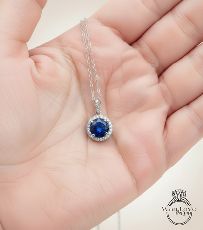 Blue Sapphire & Diamond Halo Necklace, Round Diamond Halo Necklace, Round Halo Moissanite Necklace, Birthstone Necklace, Bridal Wedding jewelry, Anniversary Gift for her