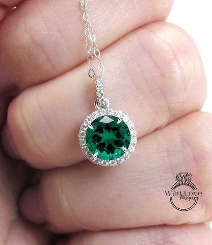 Personalized Emerald Necklace - Handmade Birthstone Necklace - 14k White Gold Jewelry For Women - Dainty Diamond Halo Necklace for Her