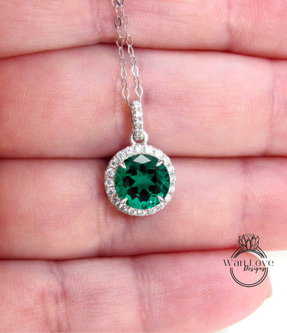 Personalized Emerald Necklace - Handmade Birthstone Necklace - 14k White Gold Jewelry For Women - Dainty Diamond Halo Necklace for Her