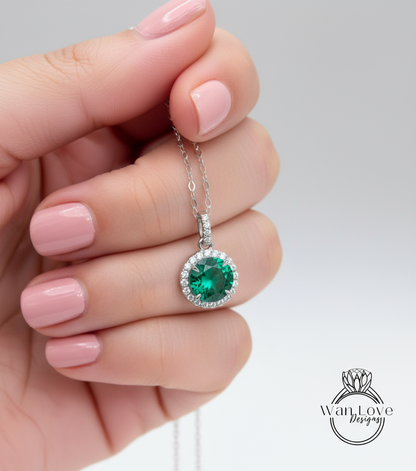 Collana di smeraldi personalizzata - Collana di pietre portafortuna fatta a mano - Gioielli in oro bianco 14k per donne - Collana di diamanti delicati Halo per lei