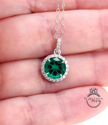 Personalized Emerald Necklace - Handmade Birthstone Necklace - 14k White Gold Jewelry For Women - Dainty Diamond Halo Necklace for Her