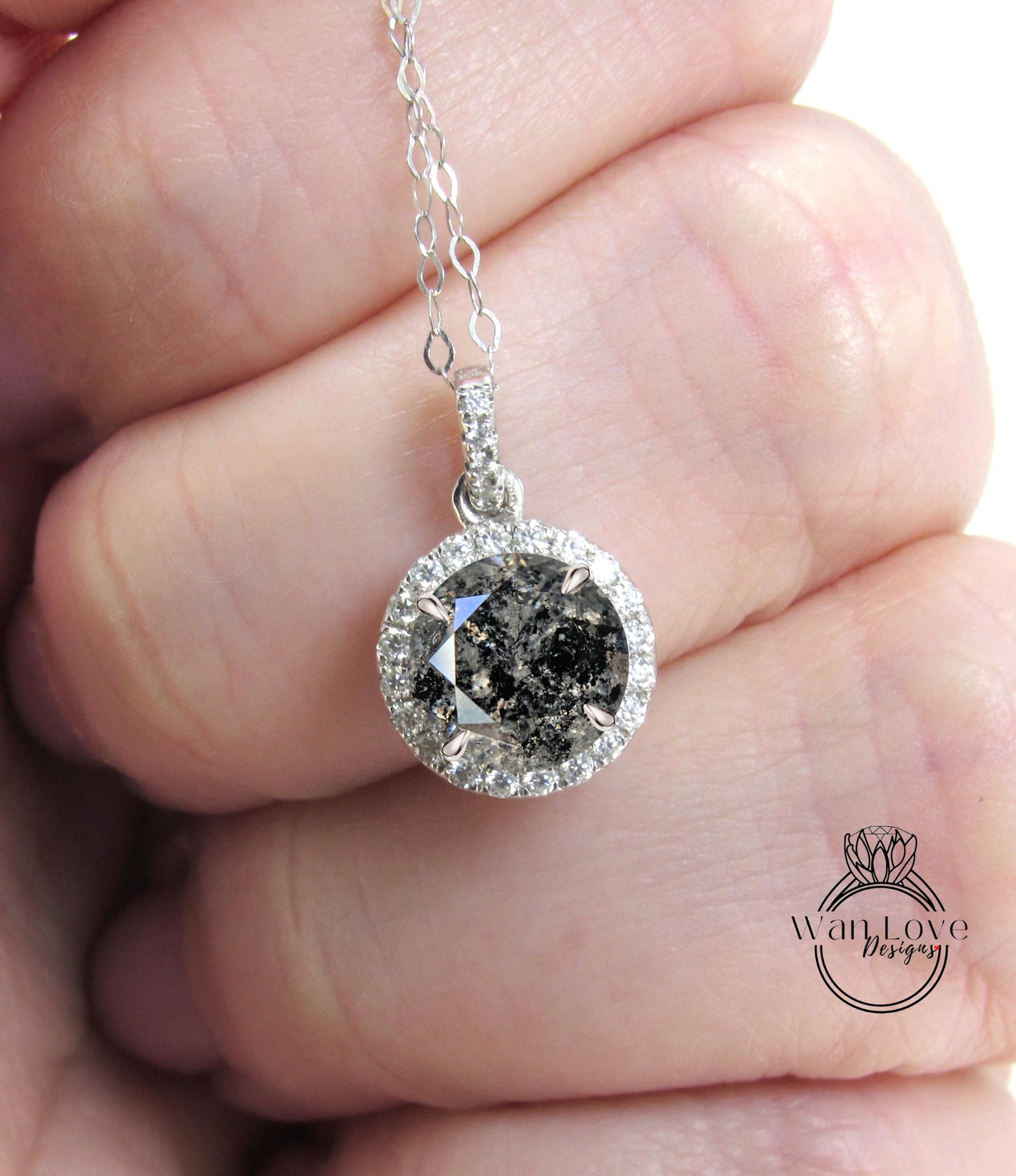 Round Salt & Pepper Diamond Necklace, 18K White Gold Diamond Halo Necklace, Halo Diamond Necklace, Round Diamond Pendant Fine Quality