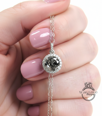 Round Salt & Pepper Diamond Necklace, 18K White Gold Diamond Halo Necklace, Halo Diamond Necklace, Round Diamond Pendant Fine Quality