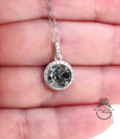 Round Salt & Pepper Diamond Necklace, 18K White Gold Diamond Halo Necklace, Halo Diamond Necklace, Round Diamond Pendant Fine Quality