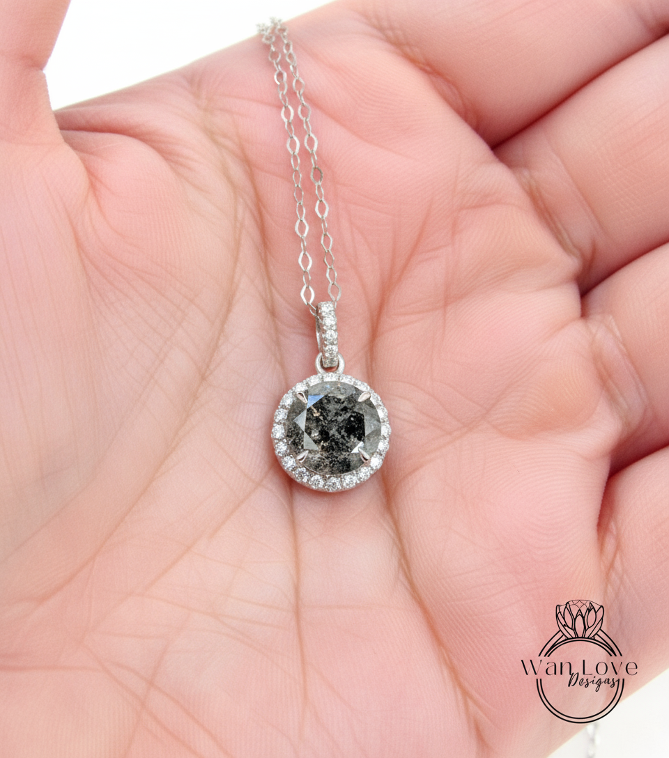 Round Salt & Pepper Diamond Necklace, 18K White Gold Diamond Halo Necklace, Halo Diamond Necklace, Round Diamond Pendant Fine Quality