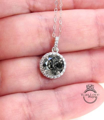 Round Salt & Pepper Diamond Necklace, 18K White Gold Diamond Halo Necklace, Halo Diamond Necklace, Round Diamond Pendant Fine Quality