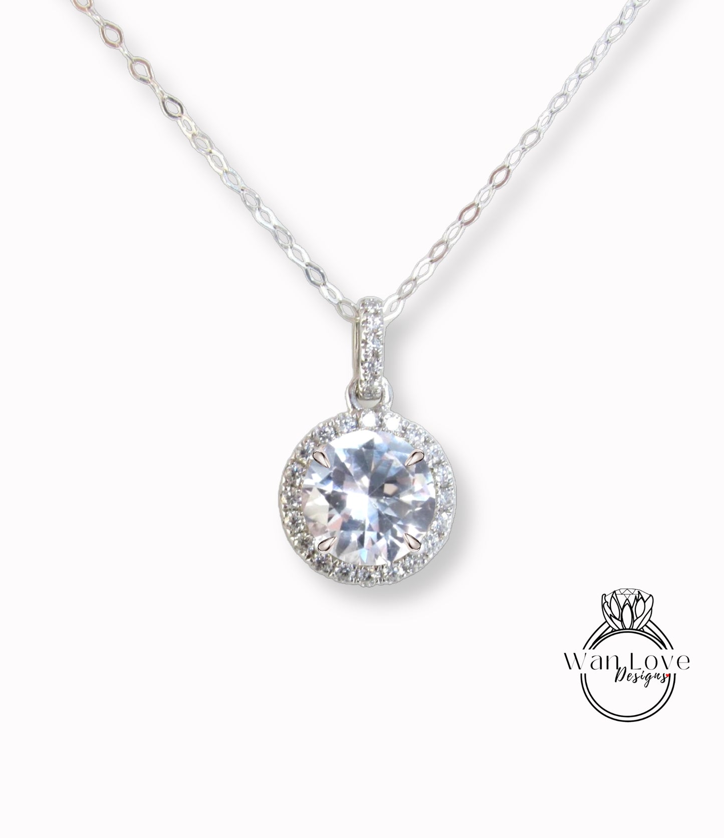 Pendente Halo con zaffiro bianco a taglio rotondo | Ciondolo rotondo in moissanite da 1,5 ct | Ciondolo in oro rosa 14KT | Set da sposa | Collezione di regali di nozze