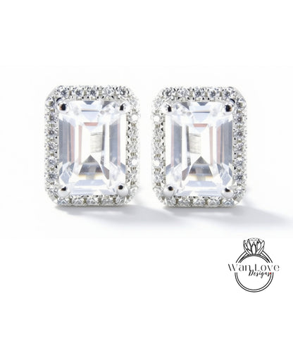 Orecchini a bottone Halo in zaffiro bianco da 2 ct, gioielli da sposa vintage, orecchini art deco in oro bianco, regalo di anniversario di matrimonio, pronti per la spedizione