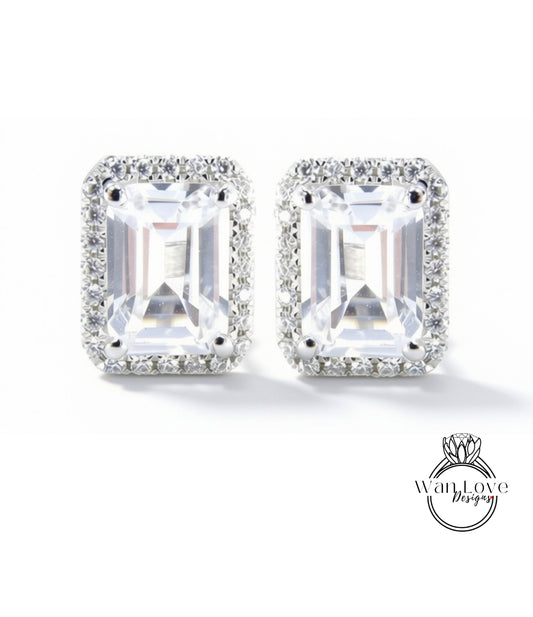 Orecchini a bottone Halo in zaffiro bianco da 2 ct, gioielli da sposa vintage, orecchini art deco in oro bianco, regalo di anniversario di matrimonio, pronti per la spedizione
