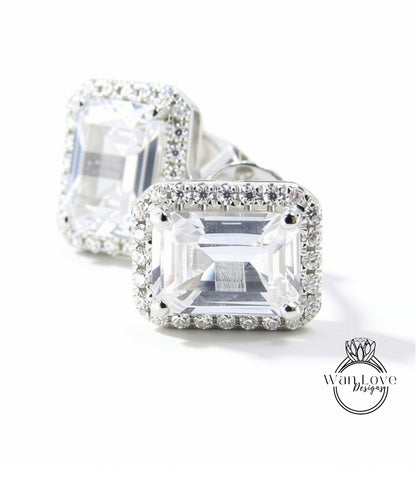 Orecchini a bottone Halo in zaffiro bianco da 2 ct, gioielli da sposa vintage, orecchini art deco in oro bianco, regalo di anniversario di matrimonio, pronti per la spedizione