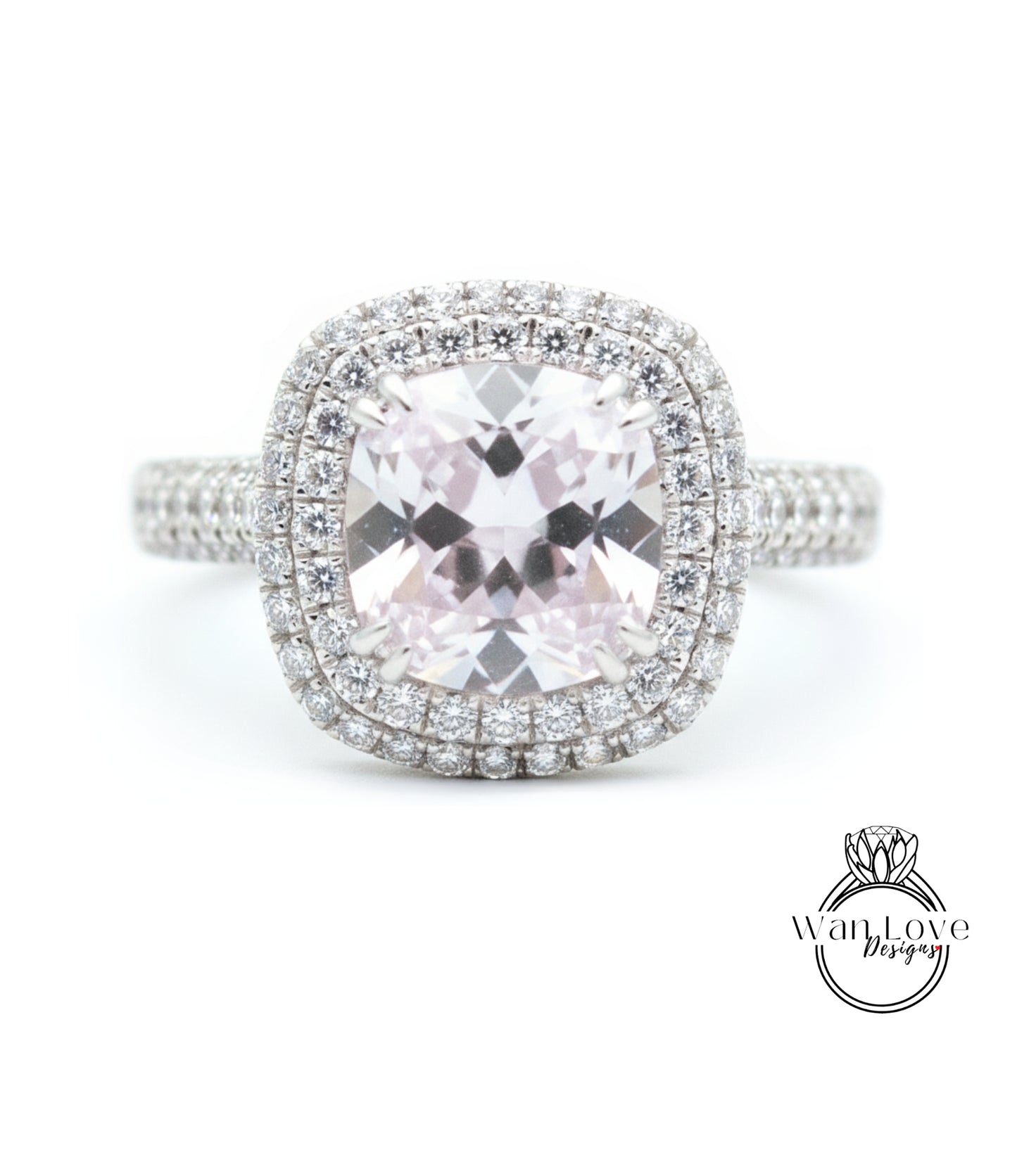 4ct Light Pink & White Sapphire Engagement Ring 3 Row band Pillow Cushion Double Halo sapphire ring unique wedding promise anniversary Gift