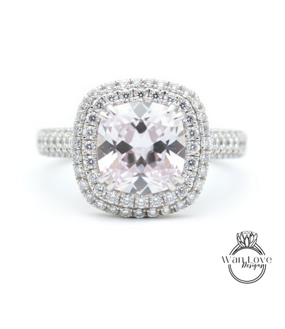 4ct Light Pink & White Sapphire Engagement Ring 3 Row band Pillow Cushion Double Halo sapphire ring unique wedding promise anniversary Gift