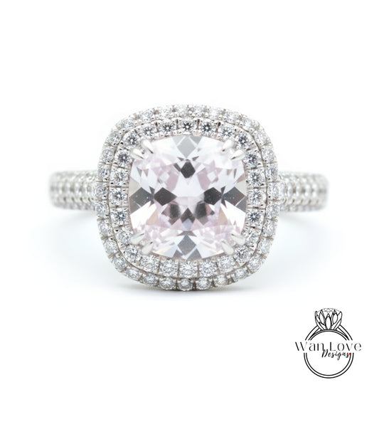 4ct Light Pink & White Sapphire Engagement Ring 3 Row band Pillow Cushion Double Halo sapphire ring unique wedding promise anniversary Gift