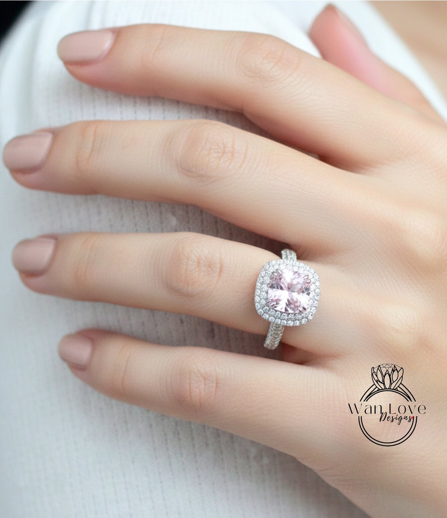 4ct Light Pink & White Sapphire Engagement Ring 3 Row band Pillow Cushion Double Halo sapphire ring unique wedding promise anniversary Gift