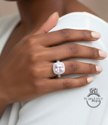 4ct Light Pink & White Sapphire Engagement Ring 3 Row band Pillow Cushion Double Halo sapphire ring unique wedding promise anniversary Gift