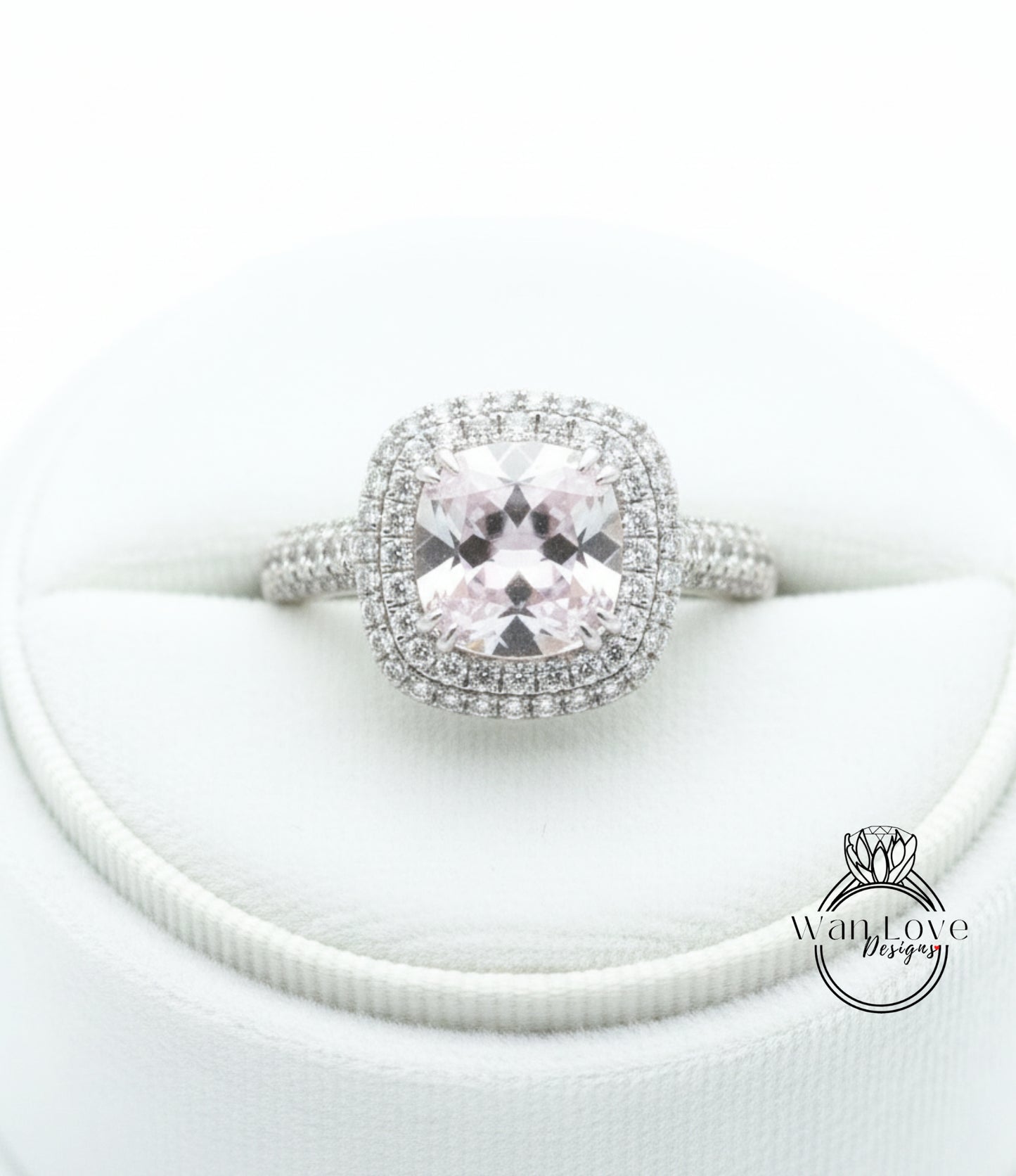 4ct Light Pink & White Sapphire Engagement Ring 3 Row band Pillow Cushion Double Halo sapphire ring unique wedding promise anniversary Gift
