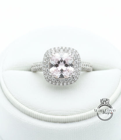 4ct Light Pink & White Sapphire Engagement Ring 3 Row band Pillow Cushion Double Halo sapphire ring unique wedding promise anniversary Gift