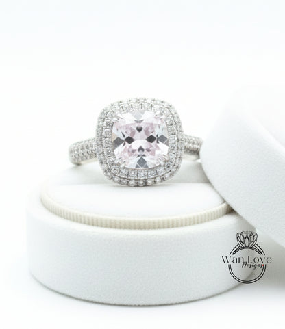 4ct Light Pink & White Sapphire Engagement Ring 3 Row band Pillow Cushion Double Halo sapphire ring unique wedding promise anniversary Gift