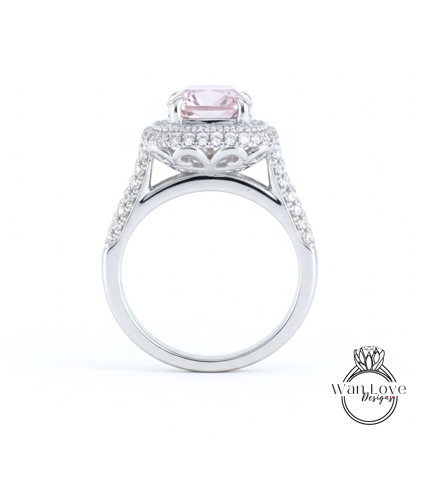 4ct Light Pink & White Sapphire Engagement Ring 3 Row band Pillow Cushion Double Halo sapphire ring unique wedding promise anniversary Gift