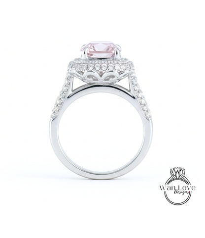 4ct Light Pink & White Sapphire Engagement Ring 3 Row band Pillow Cushion Double Halo sapphire ring unique wedding promise anniversary Gift