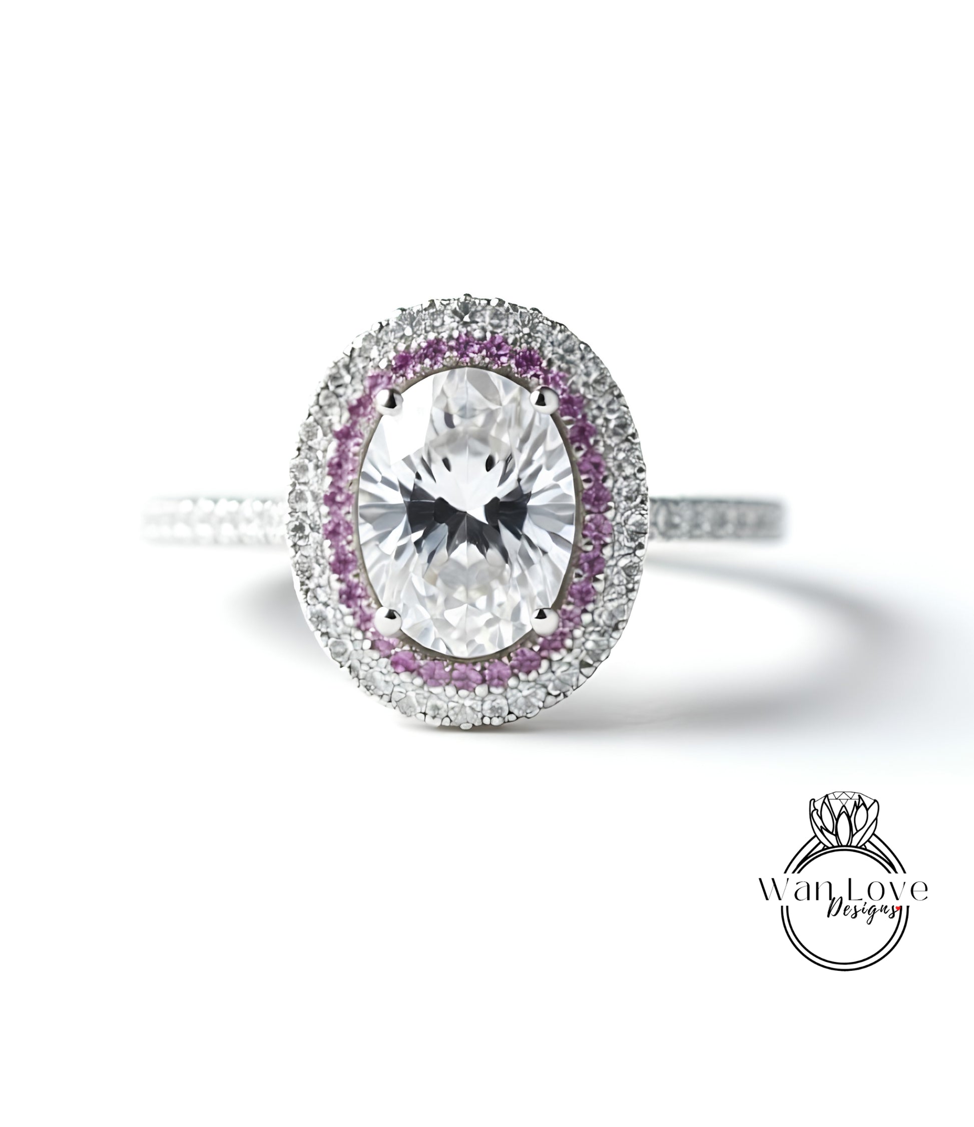 A close-up of a diamond ring with a large oval-shaped diamond surrounded by a halo of smaller diamonds and colored gemstones.
