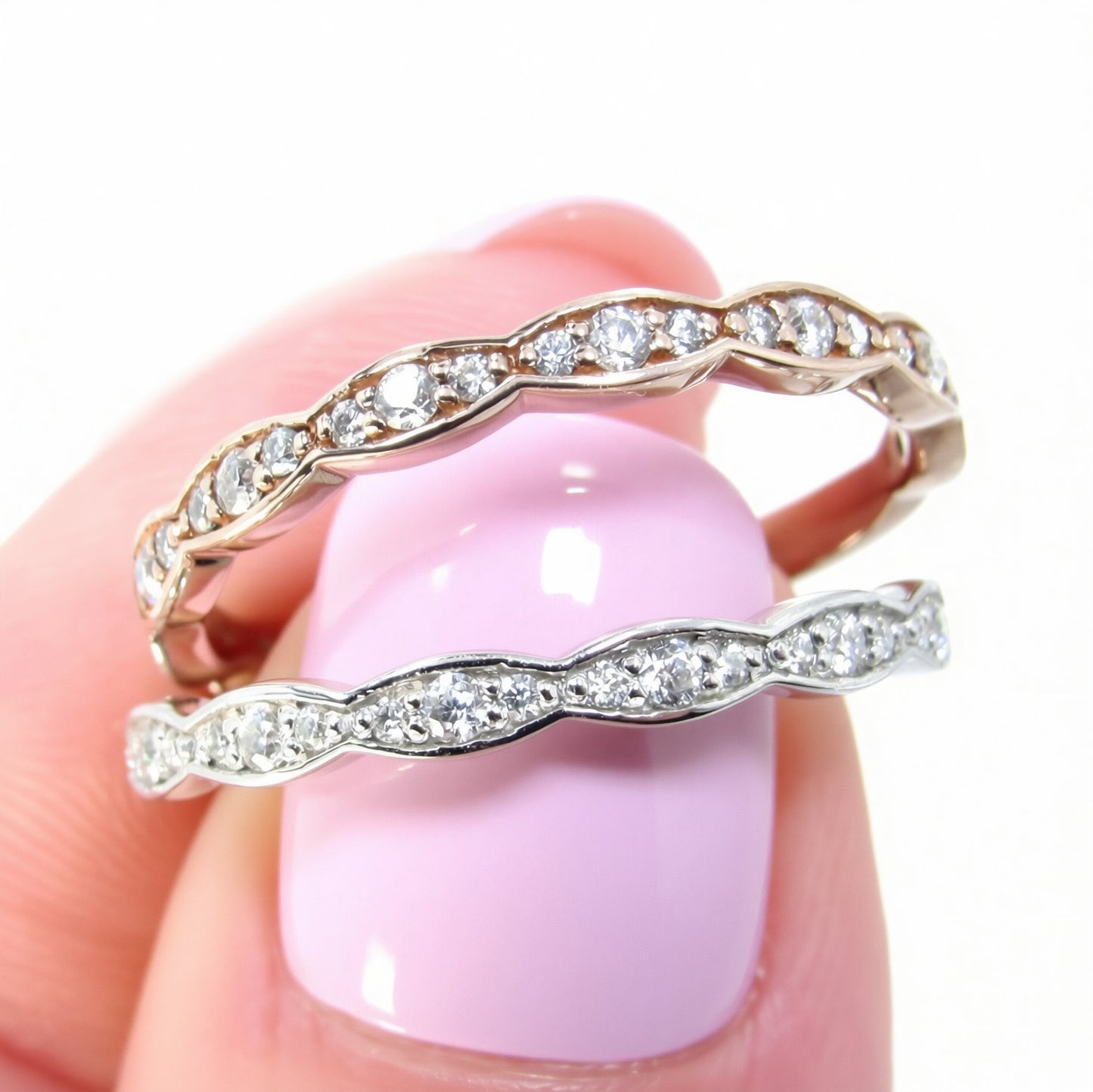 Moissanite Scalloped Smooth Edge Almost Eternity Moissanite Wedding Band Ring White or Rose bridal Anniversary wedding ring Gift for her Wan Love Designs