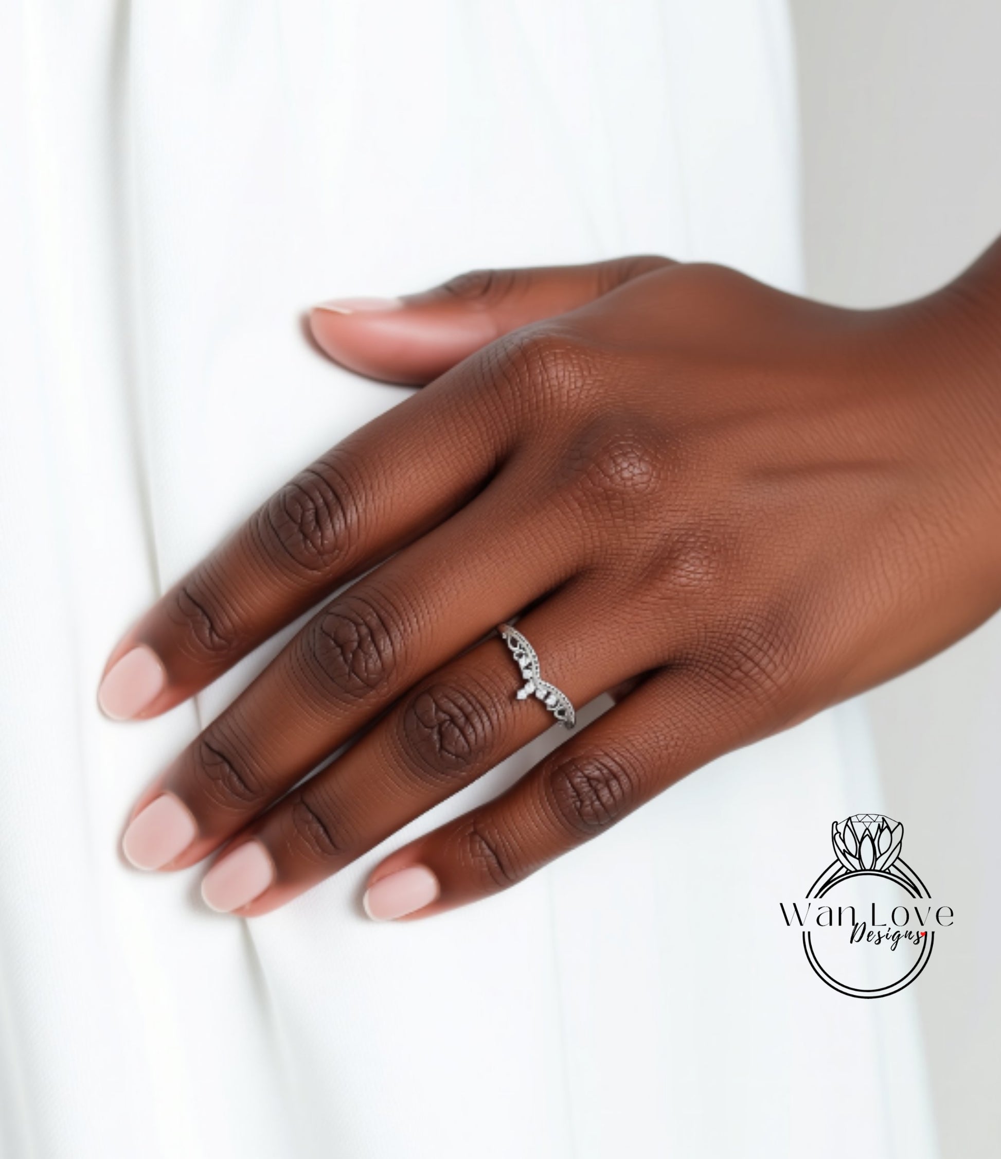 A close-up of a hand wearing a ring on the ring finger.