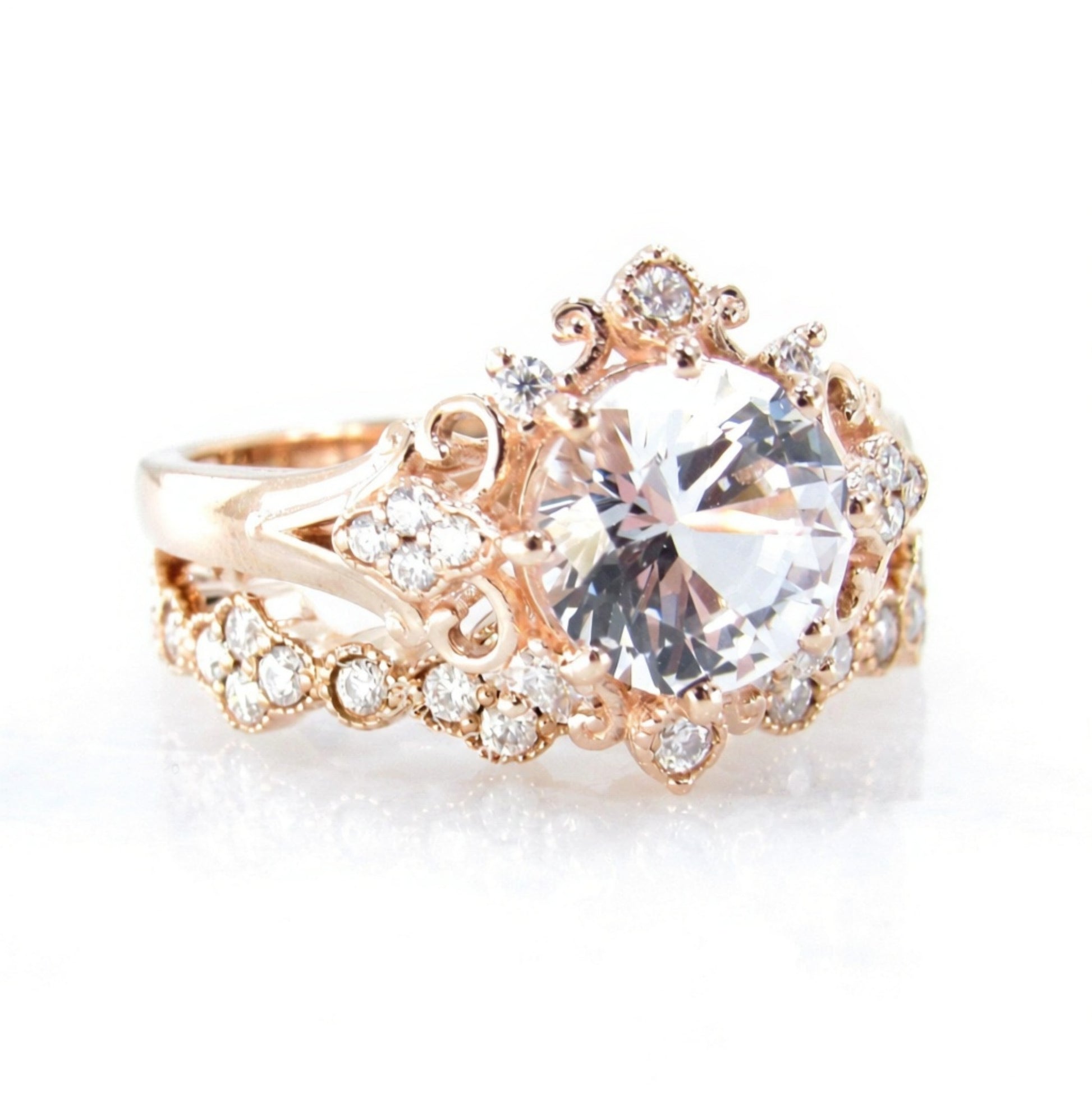 White Sapphire Moissanite Engagement Ring Floral Quatrefoil Ornate Round Wedding Band Set 2ct-8mm-Rose gold-Custom-Gift-Ready to Ship