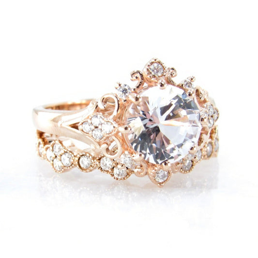 White Sapphire Moissanite Engagement Ring Floral Quatrefoil Ornate Round Wedding Band Set 2ct-8mm-Rose gold-Custom-Gift-Ready to Ship