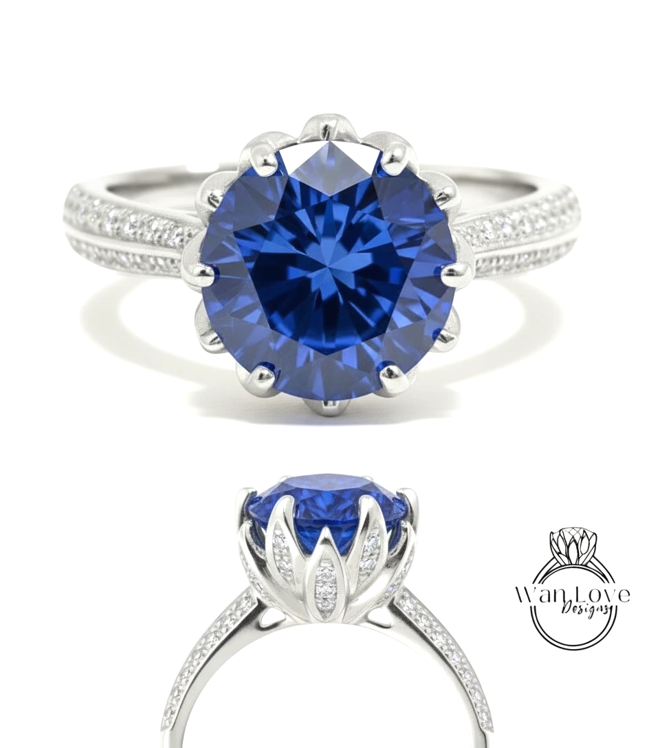A stunning blue gemstone ring with a large central blue gemstone surrounded by smaller diamonds set in a silver band.