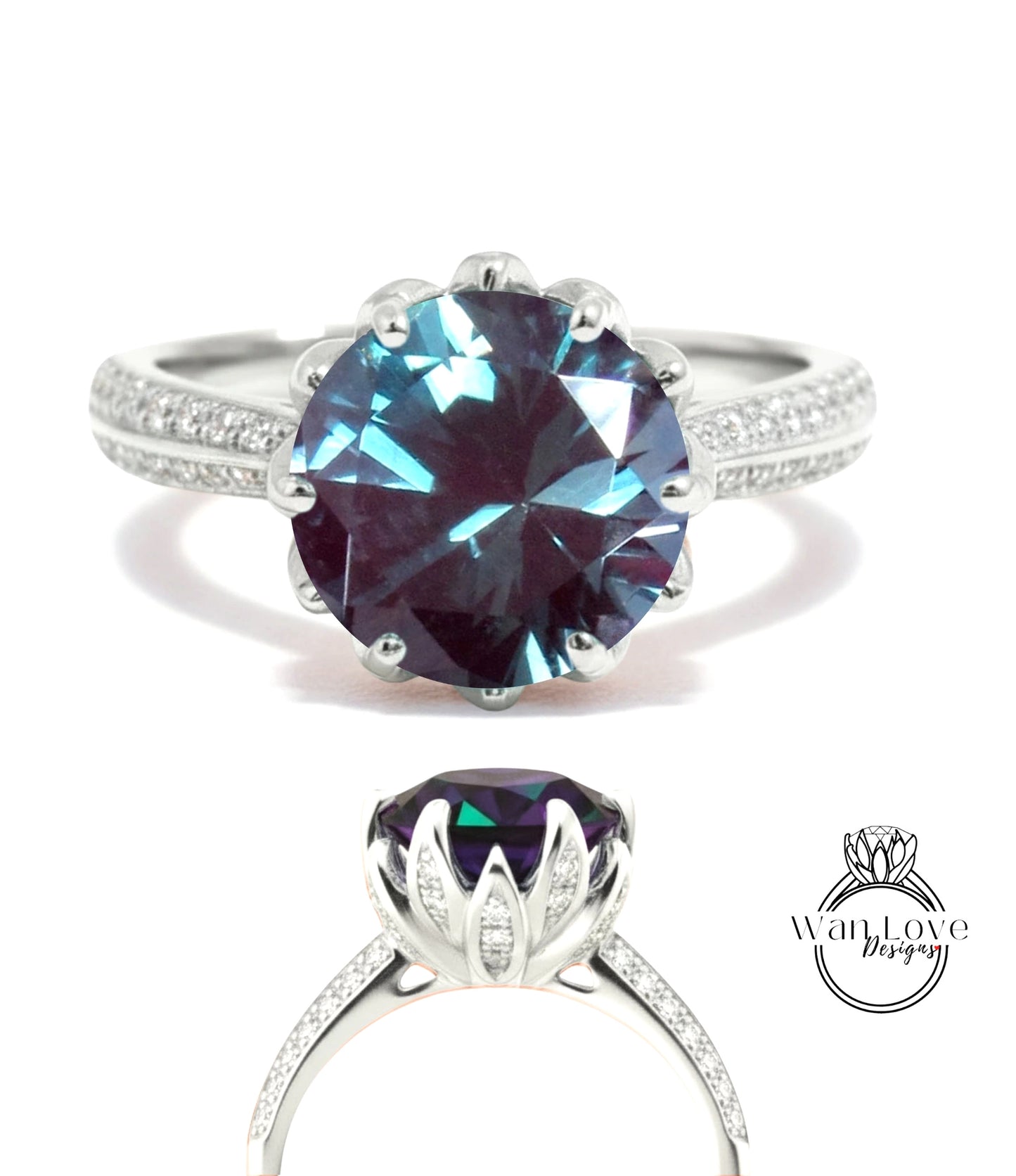 A stunning blue gemstone ring with a large central stone surrounded by smaller stones, set in a silver band with a scalloped edge.