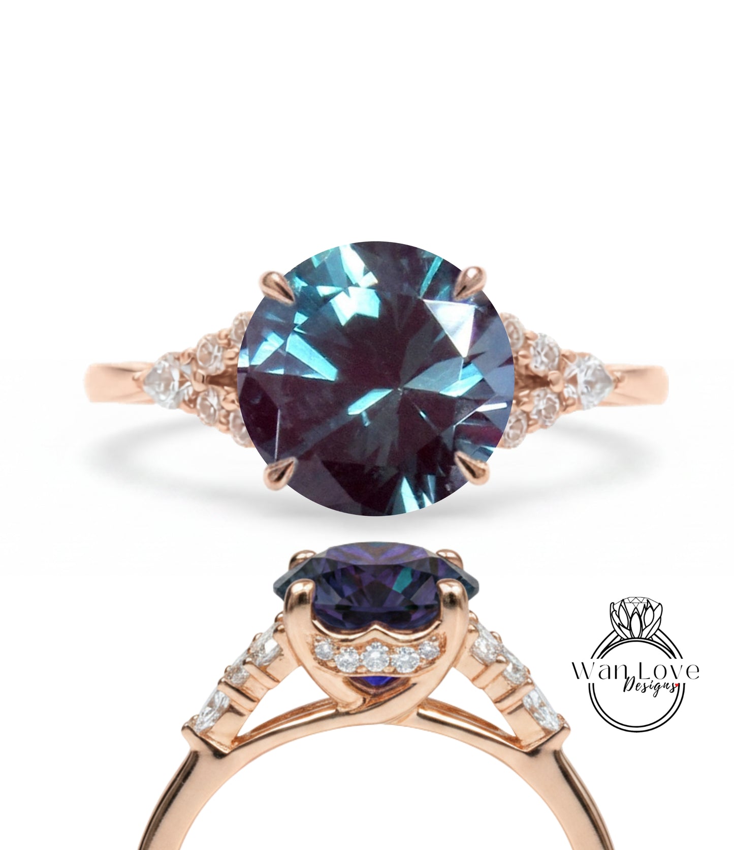 a beautiful engagement ring with a large blue gemstone set in a rose gold band. The ring is adorned with smaller diamonds around the band, adding to its elegance and sophistication.