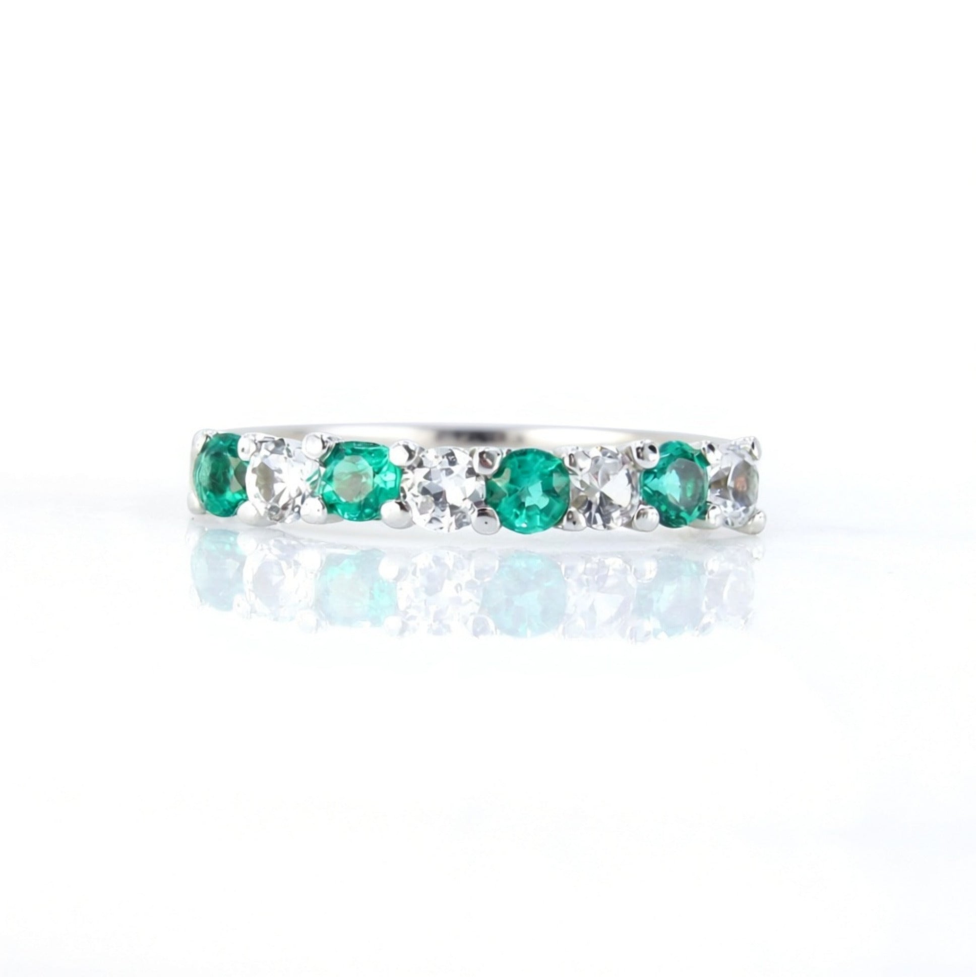 Emerald & White Sapphire 8 gem stone Wedding Band Half Eternity Round ring Emerald Stacking Engagement Ring Anniversary promise band-Ready Wan Love Designs