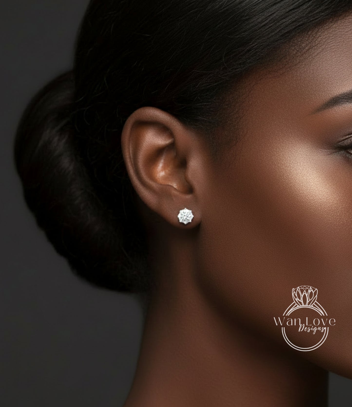 A close-up of a woman's ear with a diamond stud earring, showcasing the earring and the woman's face.