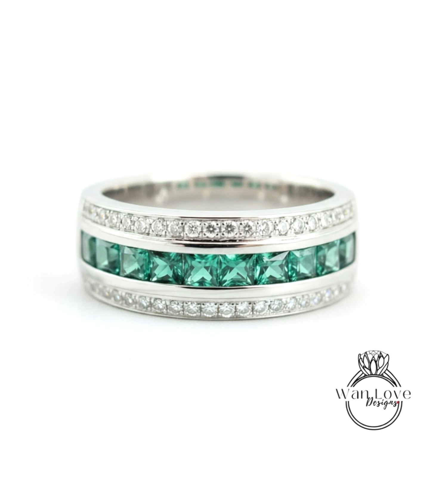 Mens Emerald and Diamond Wedding Band, Mans Princess Cut Moissanite Mens Wedding Band, Gold Wedding Ring, Mens Promise Band, Wedding Gift