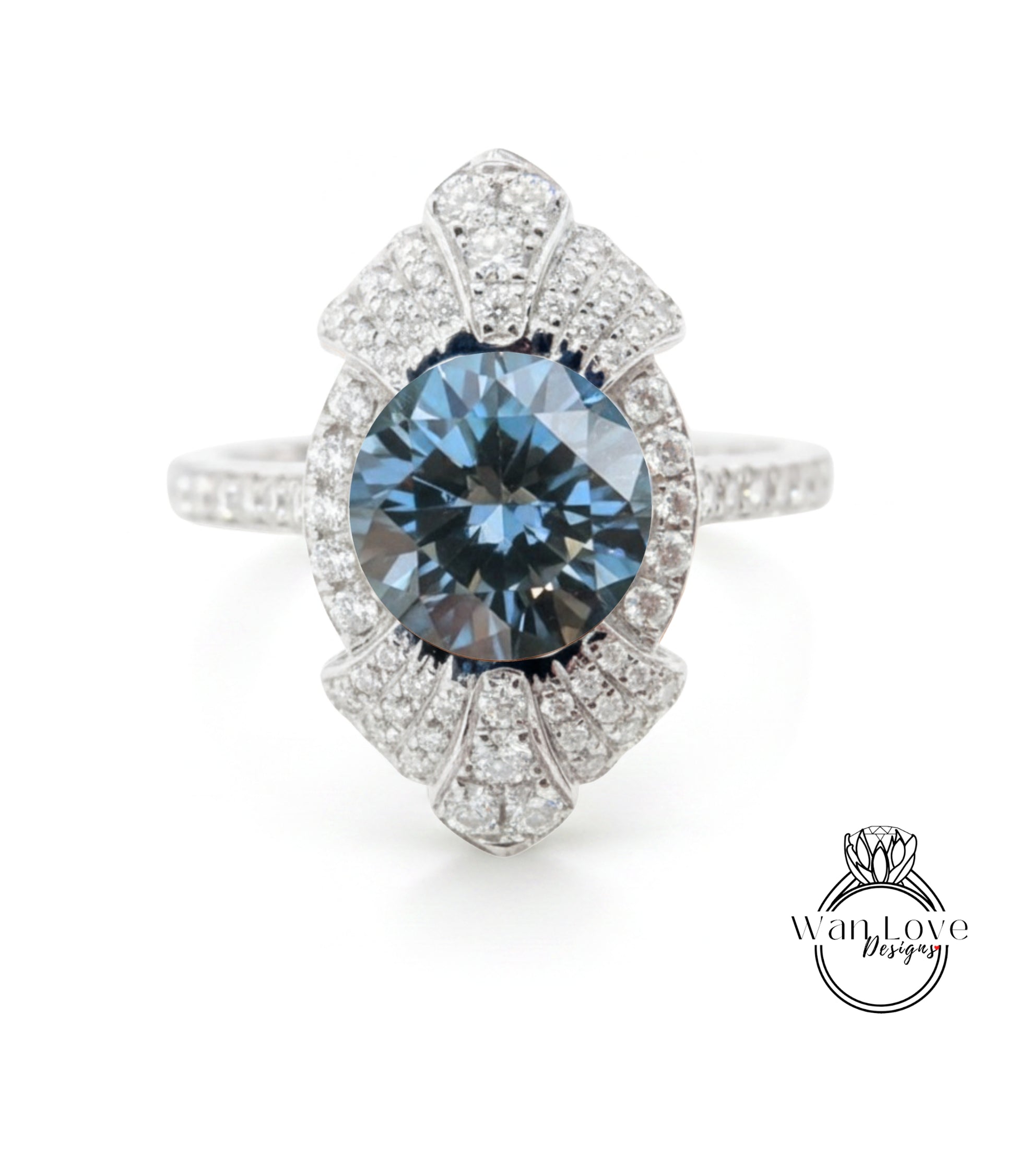 A stunning blue diamond ring with a large central gemstone surrounded by smaller diamonds, set in a silver band.